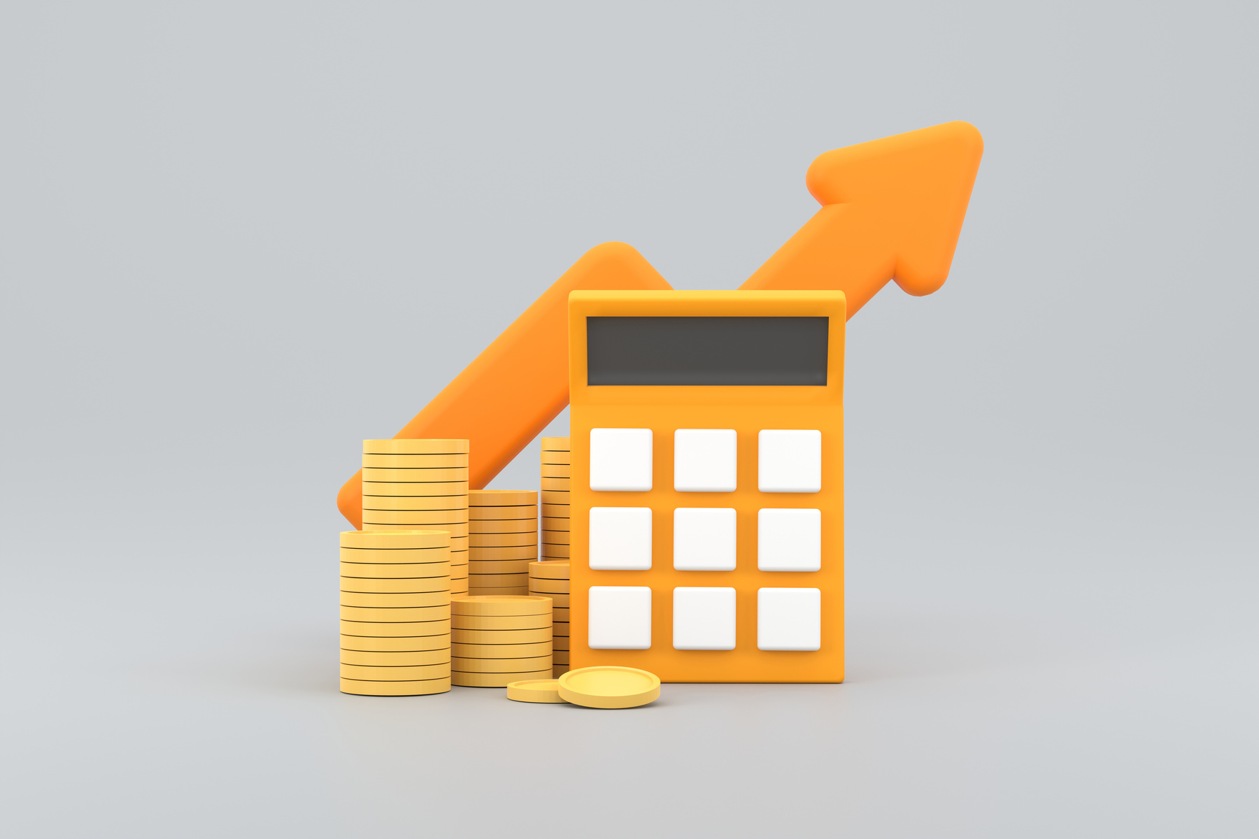 minimal calculator concept of financial management. calculator with coins stack and arrow.